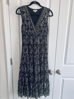 Max Studio Black Floral V-Neck Tiered Dress